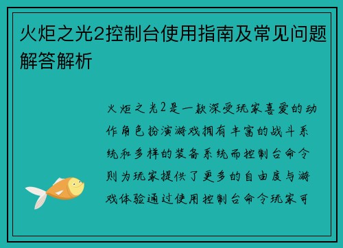 火炬之光2控制台使用指南及常见问题解答解析 火炬之光2控制台使用指南及常见问题解答解析